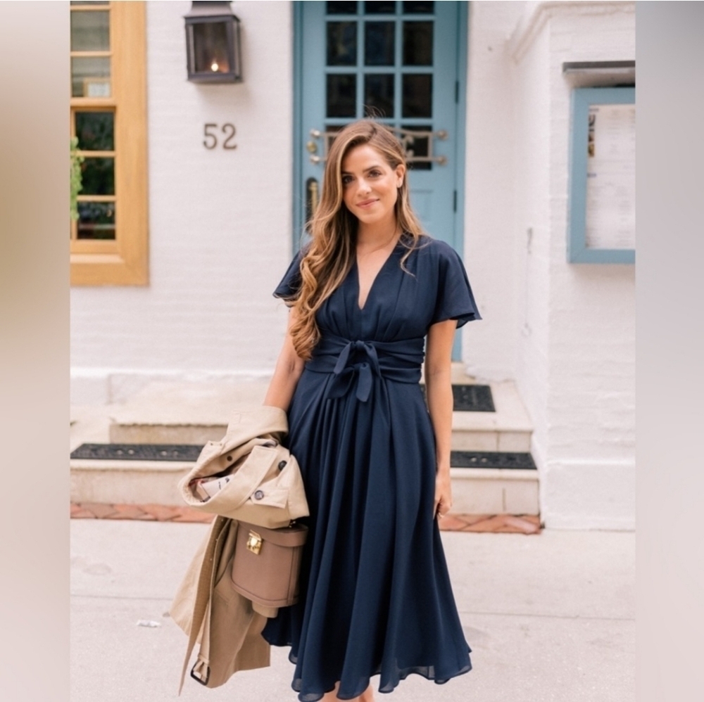 Gal Meets Glam Jane Tie Waist Midi Dress 20 Crepe Navy Blue